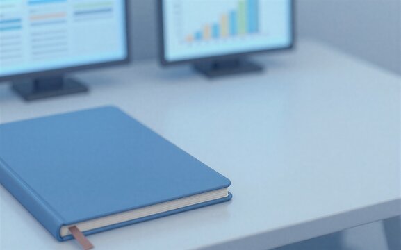 Blue notebook on desk beside computer screens displaying data charts.