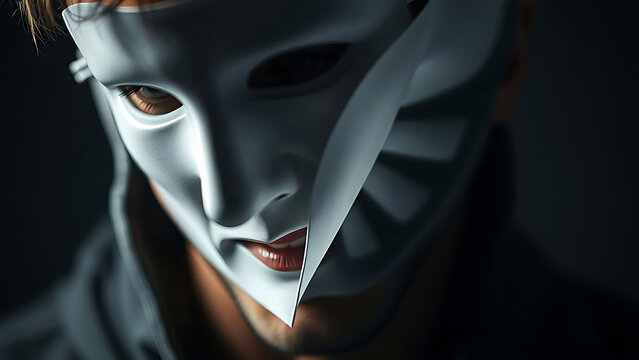 A mask slipping from a face, revealing a ashamed expression beneath.