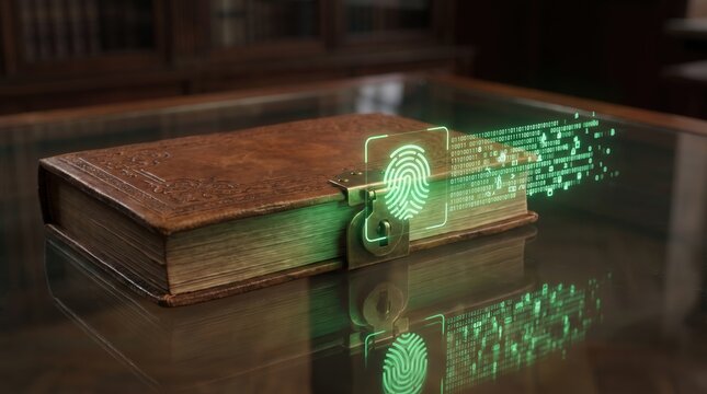 Glowing Fingerprint Biometric Scanner on Antique Leather Book Representing Digital Security and Encryption for Historical Data Archives