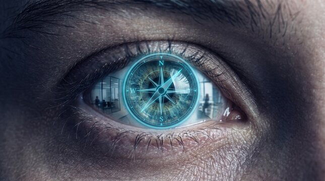 Digital Compass HUD Overlay on Human Eye Reflecting Office for Business Strategy and Future Strategic Vision Navigation
