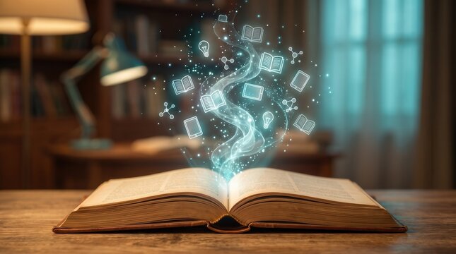 Digital learning icons rising from open book in library for education technology and online knowledge sharing marketing