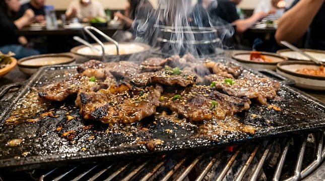 Hot grilled meat sizzling on a stone grill with steam rising