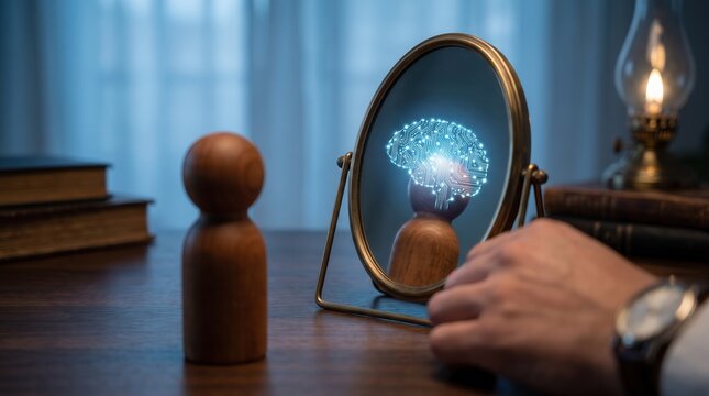 Glowing Digital Brain Circuit Reflected in Tabletop Mirror with Wooden Figure and Hand for Artificial Intelligence and Human Consciousness Concepts
