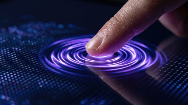 Digital Interaction Illustration of a Fingertip Touching Glass Screen Surface with Purple Energy Ripples for Technology Interface and UX Design Layouts
