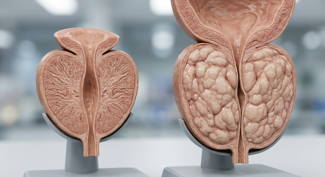 Healthy Prostate vs Benign Prostatic Hyperplasia BPH, Enlarged Prostate Medical 3D Illustration
