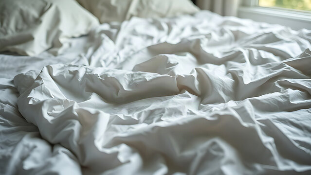 Deep wrinkles and creases on rumpled white bed sheets in morning light.