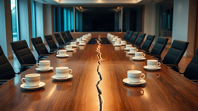 A long conference table with a crack separating mismatched china cups.