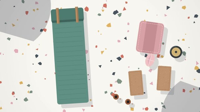 Top view of yoga mat and accessories on a terrazzo floor background.