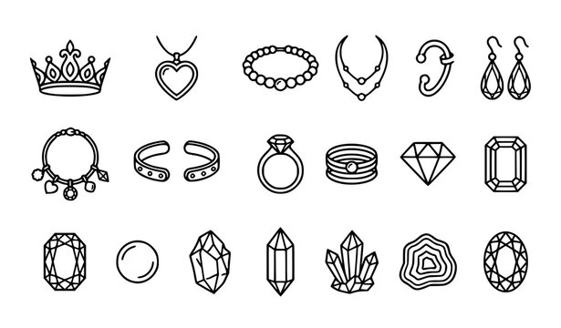 Set of hand drawn jewelry icons including rings necklaces earrings and various gemstones in black and white