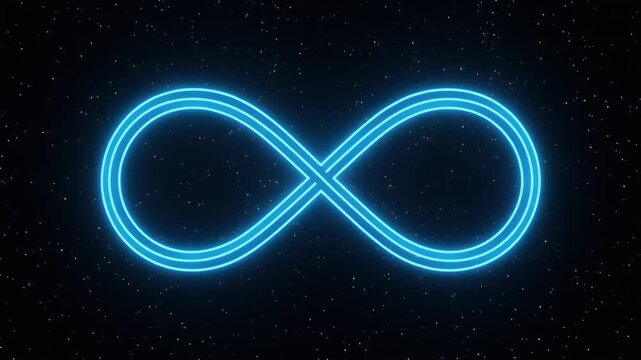 A neon blue infinity symbol glowing against starry backdrop, representing eternity, boundless space, and infinite possibilities in futuristic cosmic design.