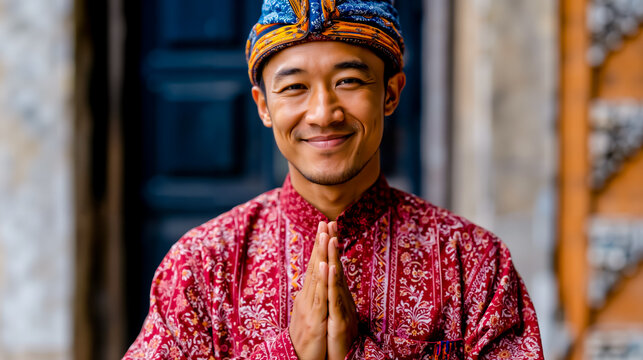 A man in a colorful traditional outfit with a blue and orange headpiece is smiling and holding his hands together in a gesture of greeting or prayer