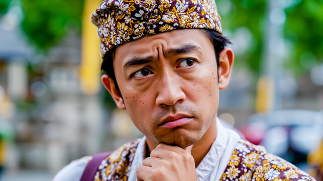 A man in a colorful hat and shirt with a thoughtful expression looking to the side