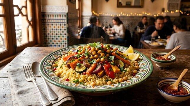 Hearty couscous dish with vegetables and chickpeas in restaurant setting