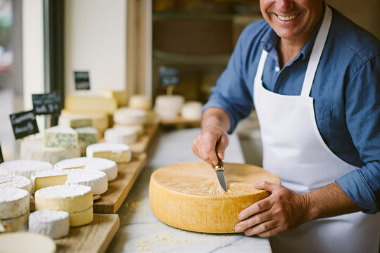 Cheerful cheesemonger in white apron prepares to cut a large wheel of hard cheese on a marble counter. His hands hold a knife steady at a cozy shop display filled with various artisanal dairy products