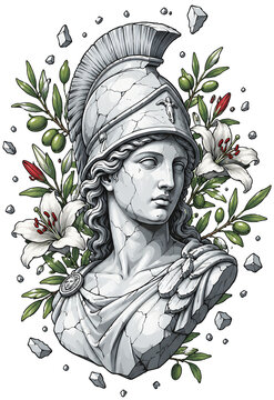 An ancient Athena goddess bust wearing a Greek helmet with green olive branches and lilies is isolated as a sticker clipart on a transparent background, perfect for trendy apparel merchandise.