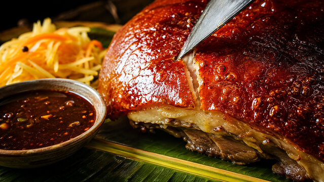 An extreme macro close-up of Filipino lechon roasted whole pig being carved
