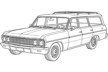 Fototapeta premium vintage, station wagon, classic car, automobile, vehicle, automotive, retro, vintage vehicle, classic automobile, wagon, family car, estate car, utility vehicle, line art, vector, technical line art, 