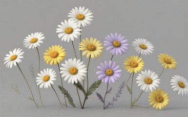 Fototapeta premium A colorful bouquet of daisies in white, yellow, and purple against a soft gray background.