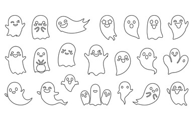 Obraz premium A collection of cute hand drawn ghosts with various funny facial expressions isolated on a white background for halloween party design projects