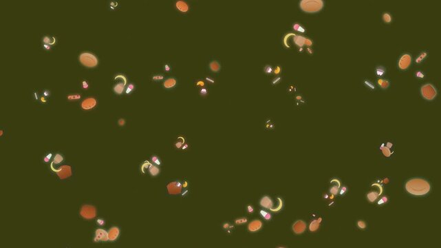Abstract Animated Pattern of Floating Bakery Items on Dark Background