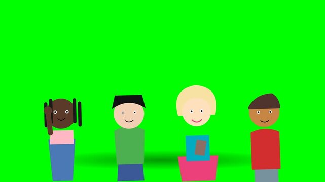 Diverse group of cartoon children standing side by side against a bright green screen background featuring flat vector art.