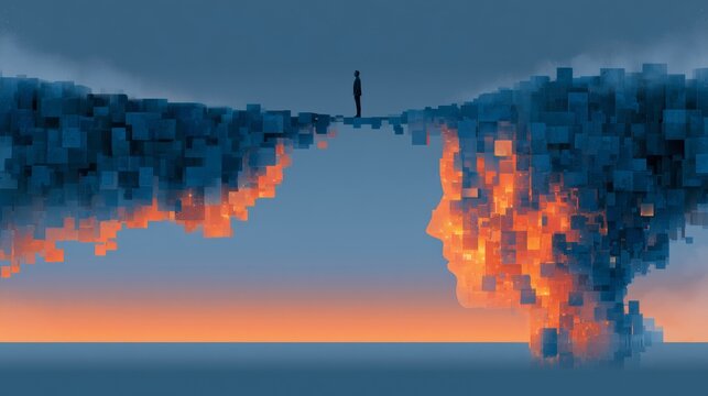 Person stands on a bridge between two worlds with a face formed from cubes at sunset
