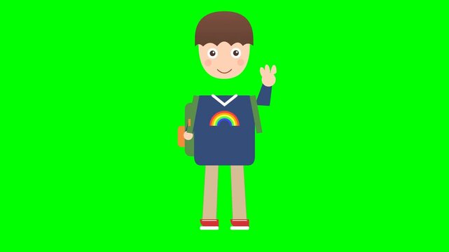 Schoolboy vector figure wearing a blue sweater with a rainbow graphic and a green backpack standing against a bright green chroma key backdrop.