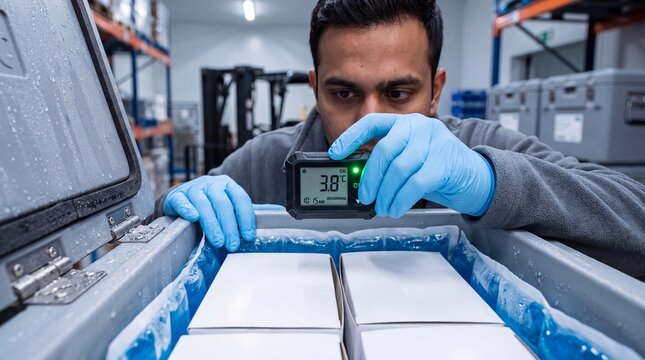 cold chain worker temperature warehouse packages logistics monitor storage quality checks chilled boxes in an insulated container for reliable medicine transport and supply compliance
