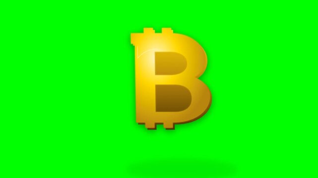 Golden bitcoin cryptocurrency symbol rendered with metallic glossy textures reflecting light against a solid green background.