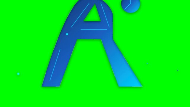 Alphabet letter A features a sleek blue gradient texture and sharp white outlines illuminated against a bright green chroma key backdrop.