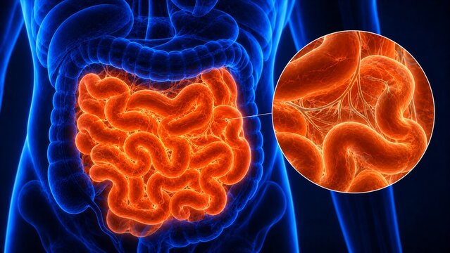 3D Medical Illustration of Inflamed Small Intestine and Digestive System Anatomy Showing Bowel Infection or IBS
