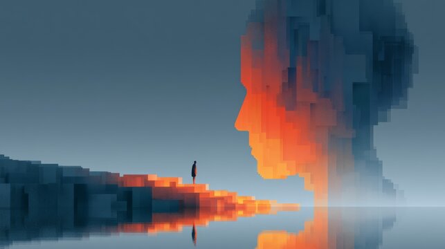 Person stands on a shore looking at a large face made of pixels during sunset