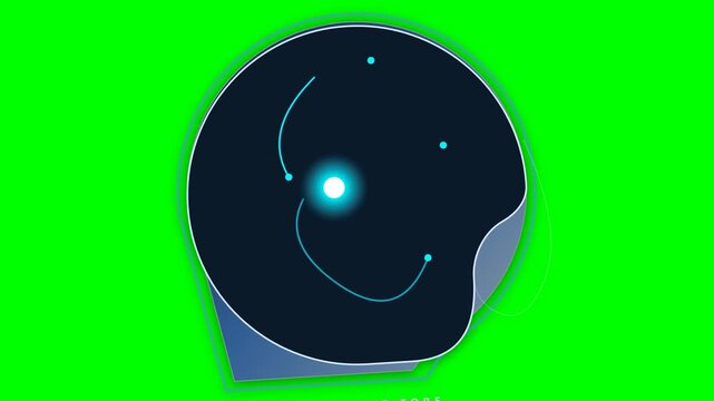 Dark spherical emblem featuring glowing celestial orbits and a bright central star against a vibrant green chroma key background.