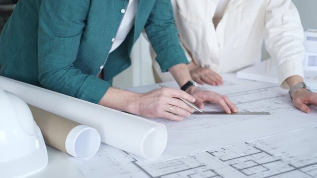 Architects discussing apartment building blueprint at office desk, using drafting tools for new architectural project design. Architecture and business concept
