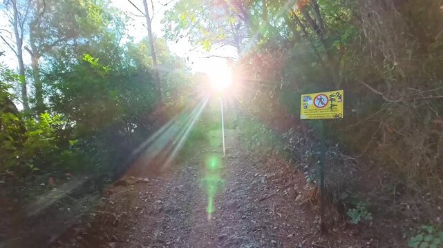 Hiking path in Mediterranean nature with bright direct sun lens flare, Noli, Italy - POV VIDEO