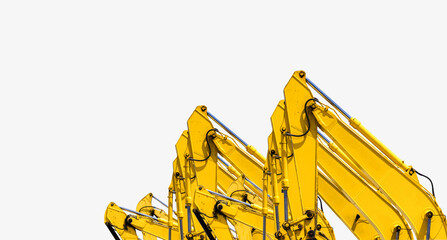 Yellow hydraulic excavator arms isolated on white background for construction and engineering industry concept. Construction machinery and civil engineering equipment. © Fahroni