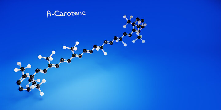 Molecule of &beta;-carotene. Chemicals, micro and macronutrients. Periodic table of Mendeleev. Microelements necessary for humans. 3d render.