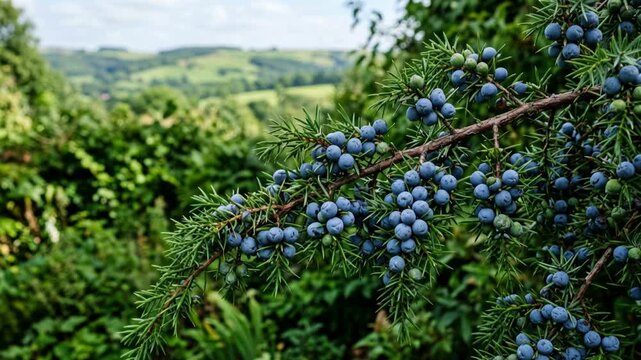 Branch with fresh ripe blue juniper berries in garden, green foliage backdrop, aromatic botanical plant, 4K video