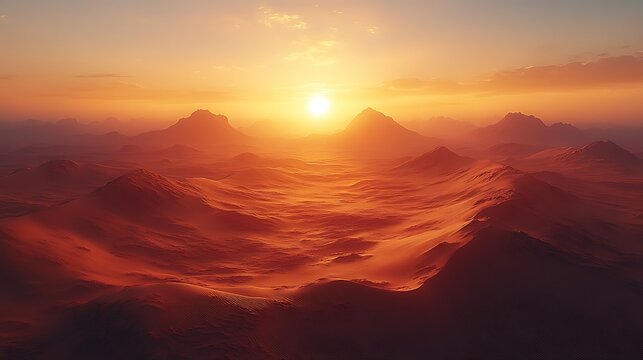 Desert sunset over pyramids aerial view