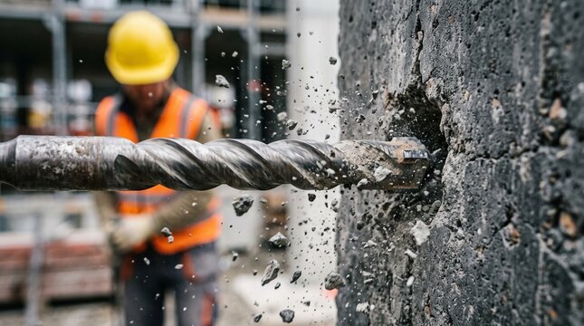 Close up view of a heavy duty hammer drill bit boring into a concrete wall with construction worker working in the background
