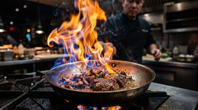 Professional Chef Searing Juicy Meat In A Hot Skillet With Vibrant Open Flames Inside A Modern Commercial Kitchen Environment