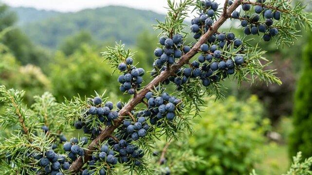 Branch with fresh ripe blue juniper berries in garden, green foliage backdrop, aromatic botanical plant, 4K video