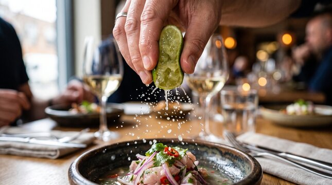 A close up view of a fresh lime being squeezed by hand to add acidic juice and zest to a gourmet seafood ceviche dish in restaurant