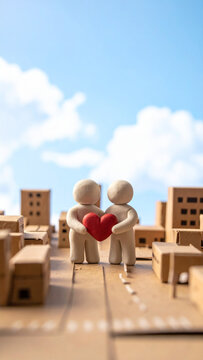 Two Genderless Clay Figures Holding a Red Heart Together