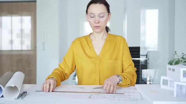 Female architect working on blueprint project, designing residential building with compass and scale model. Architecture and business concept
