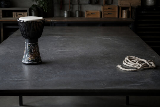 Painted djembe drum and coiled cotton rope on matte worktable, craft preparation and creativity concept
