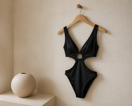 Black cutout monokini on wooden hanger with ceramic sphere, minimalist swimwear fashion concept