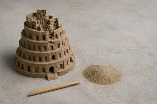 Half-formed clay Tower of Babel model with sand and tool, communication and learning concept