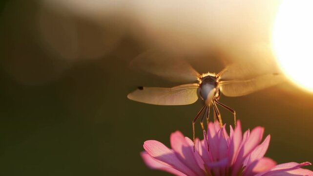 peaceful dragonfly resting on a pink flower in a sunny outdoor scene with soft natural lighting and blurred background close-up shot from a slightly elevated angle.