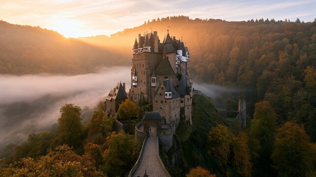 Castle Eltz, a medieval landmark, stands in Germany's Rhineland-Palatinate during autumn's sunrise, surrounded by trees.